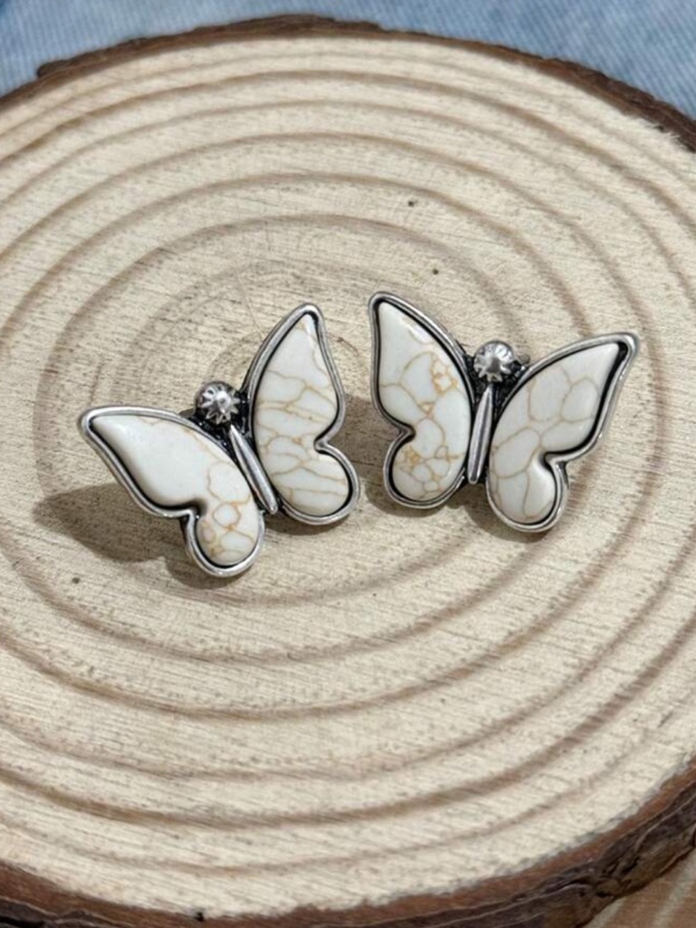 Fake White Marble Butterfly Stud Earrings western style